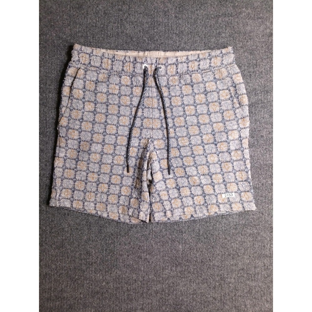 ROWM Mens Small Drawstring Shorts Blue Tan Geometric Textured Knit Beach Casual